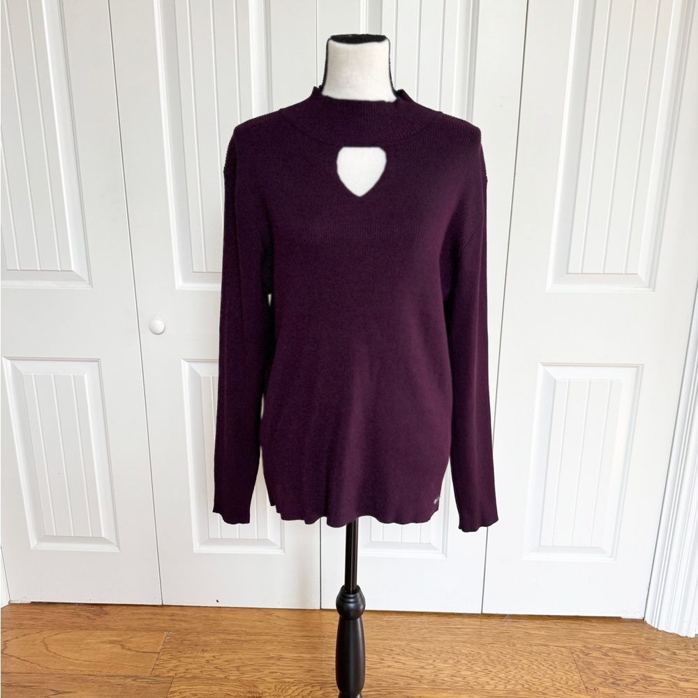 🌟NWT Calvin Klein Dark Purple Ribbed Mock Neck Keyhole Sweater XL - Picture 4 of 15